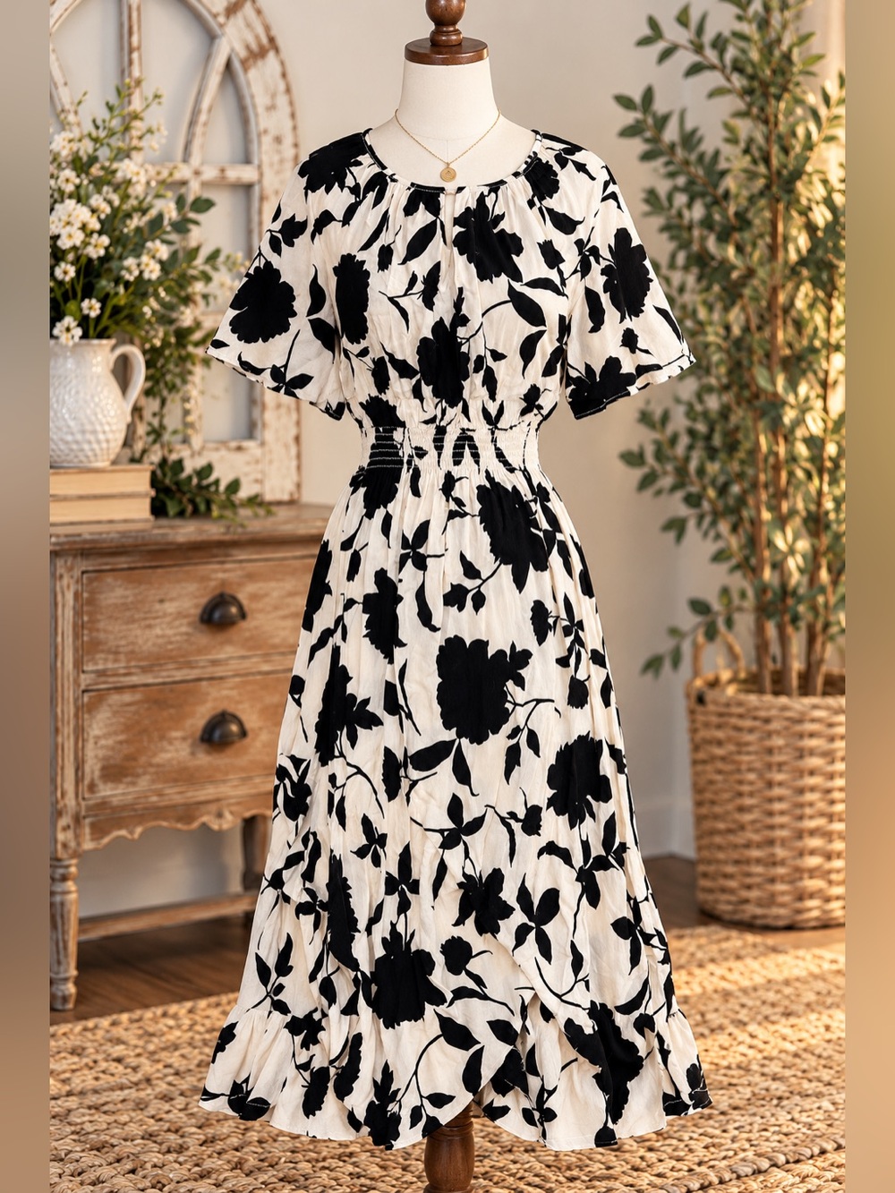 H&M Black Ivory Floral Midi Dress XS Smocked Waist Ruffle Hem